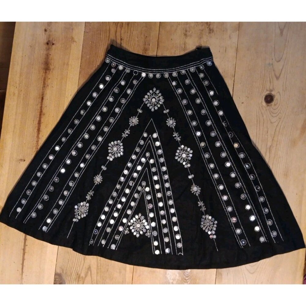 Carole Little Midi Skirt Womens 10 Black Mirror Boho Gypsy Whimsigoth Embroidery - Picture 2 of 7